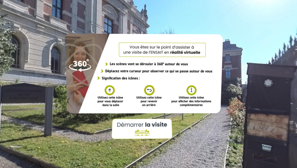 Capture d'écran visite 360° de l'ENSAIT en réalité virtuelle