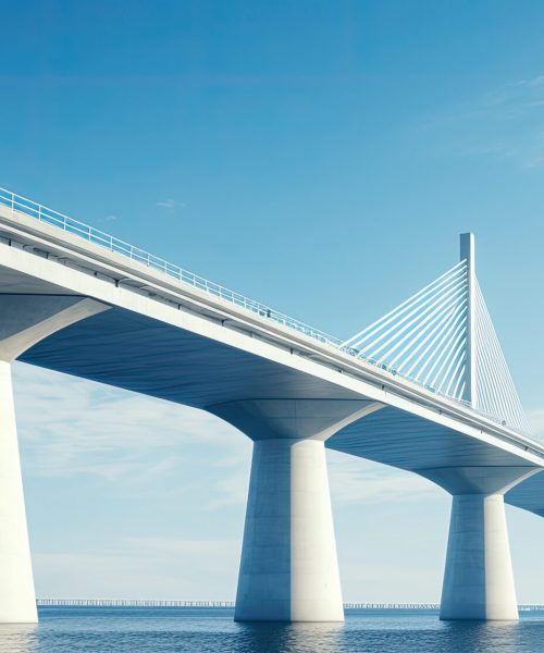 A photo of a bridge taken from a low angle with a blue sky in the background. represents civil engineering. A photo of a bridge taken from a low angle with a blue sky in the background. represents civil engineering.